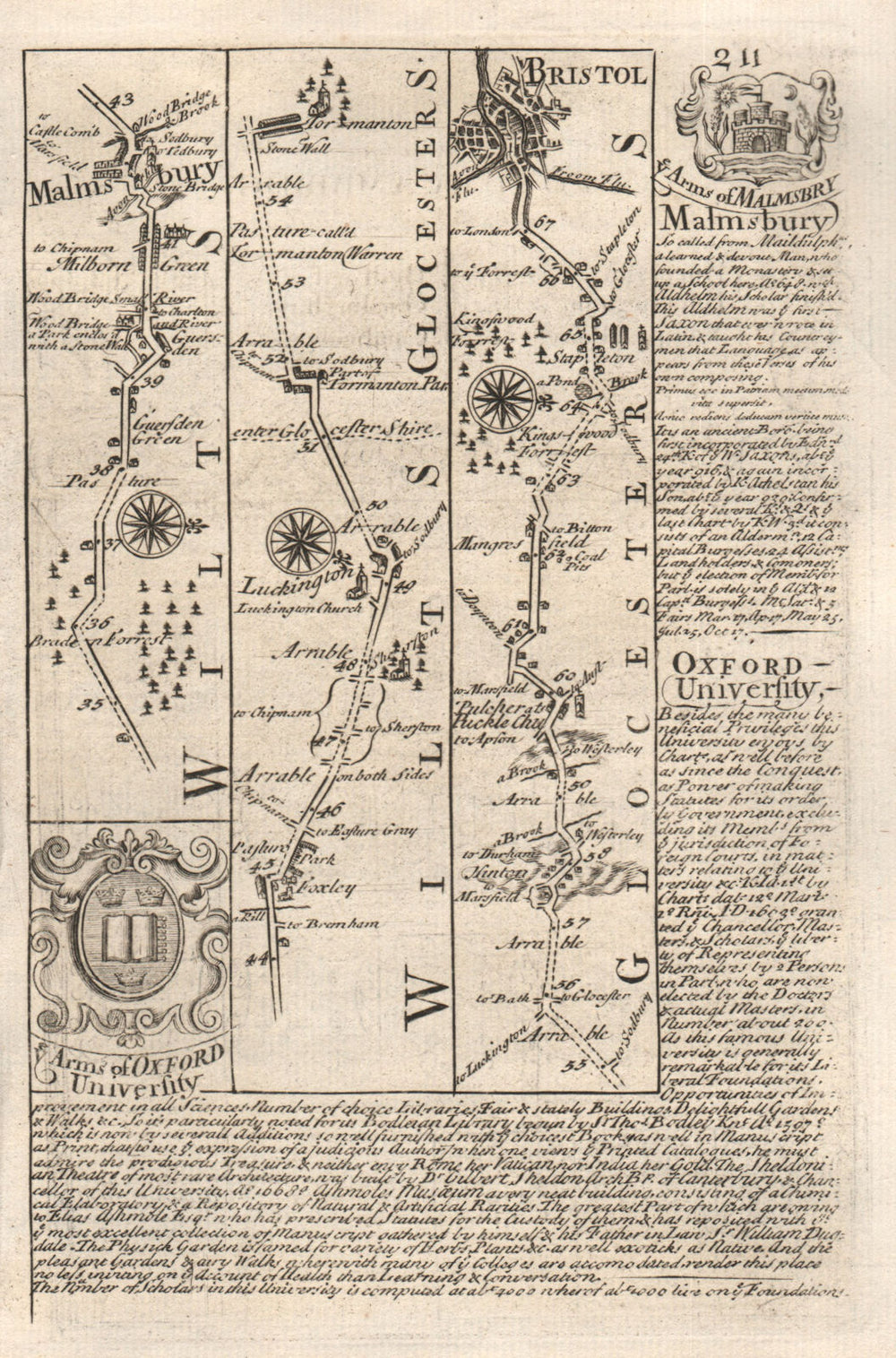 Malmesbury-Luckington-Tormarton-Pucklechurch-Bristol OWEN/BOWEN road map 1753