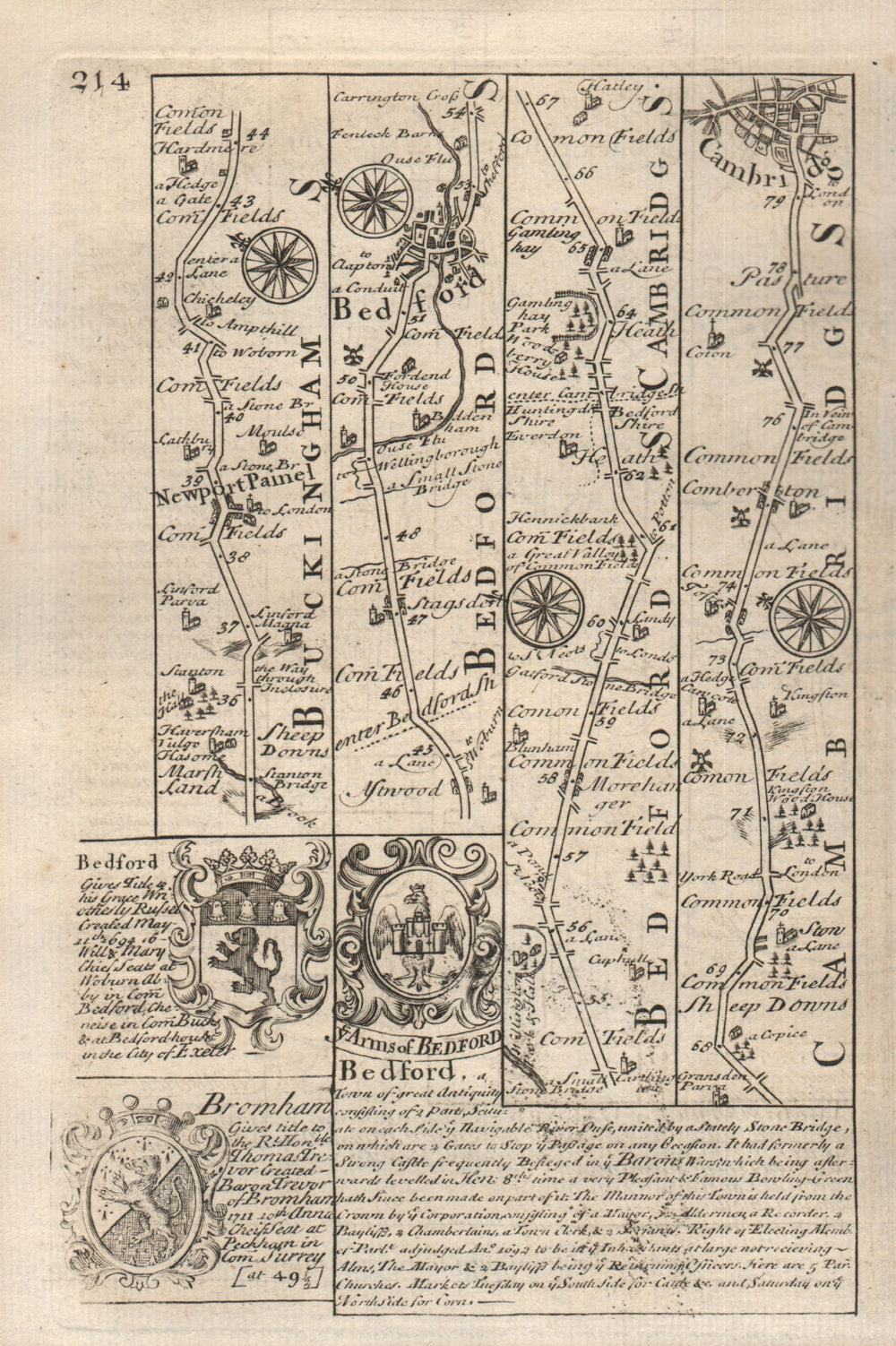 Newport Pagnell-Bedford-Cambridge road strip map by J. OWEN & E. BOWEN 1753