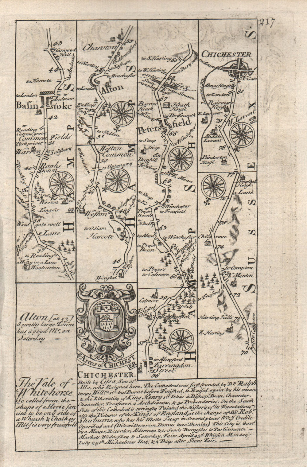 Basingstoke-Alton-Petersfield-Chichester road map by J. OWEN & E. BOWEN 1753