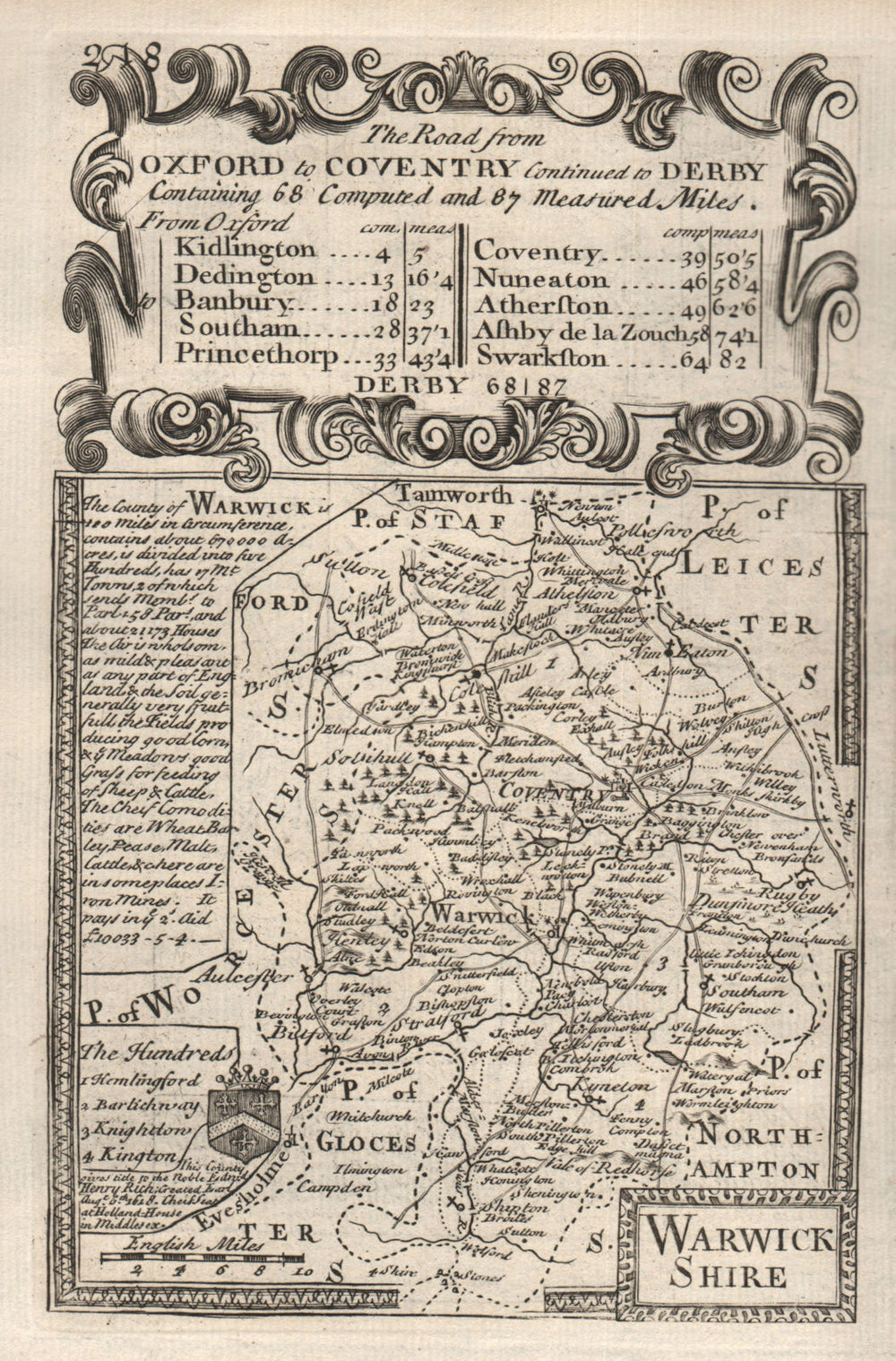 'Warwick Shire'. County map by J. OWEN & E. BOWEN. Warwickshire 1753 old