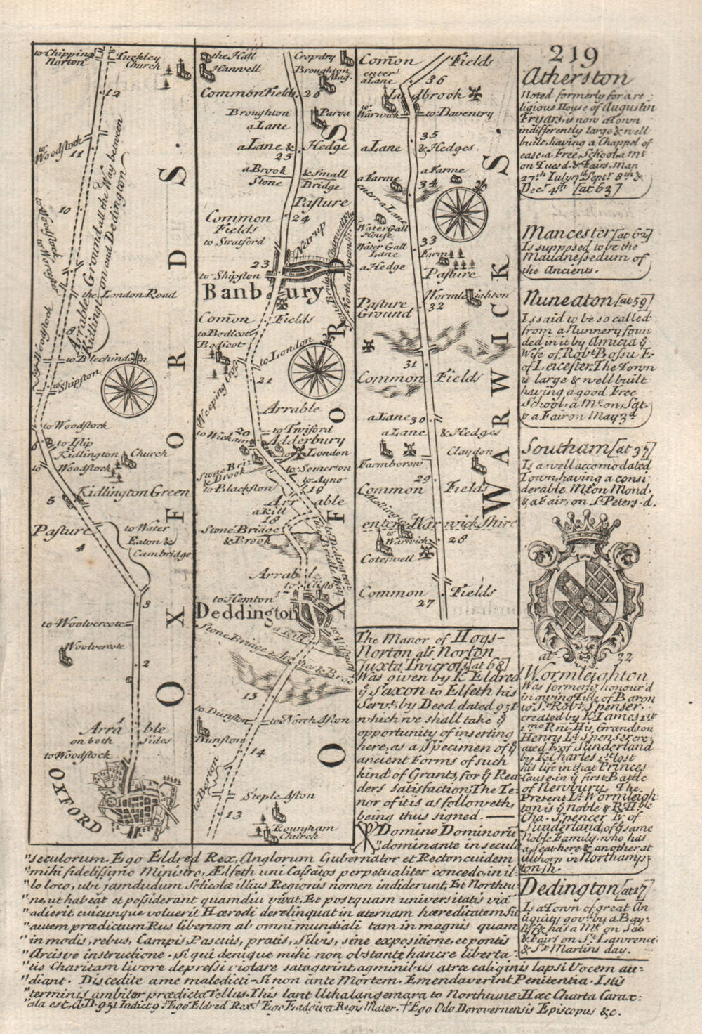 Oxford-Deddington-Banbury road strip map by J. OWEN & E. BOWEN 1753 old