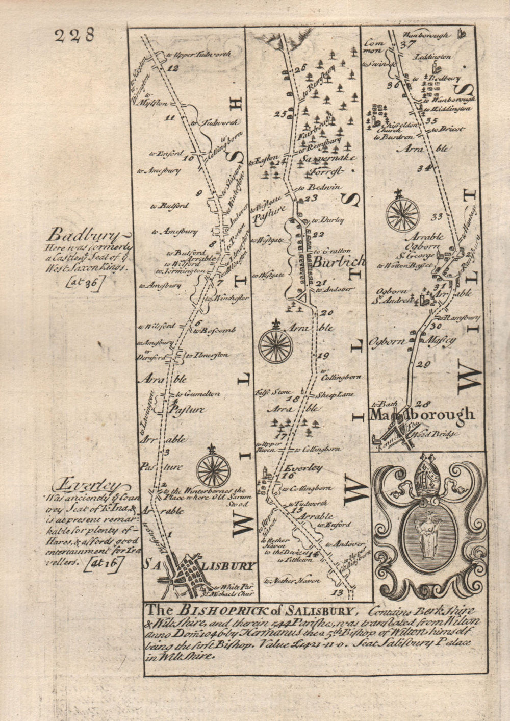 Salisbury-Burbage-Marlborough road strip map by J. OWEN & E. BOWEN 1753