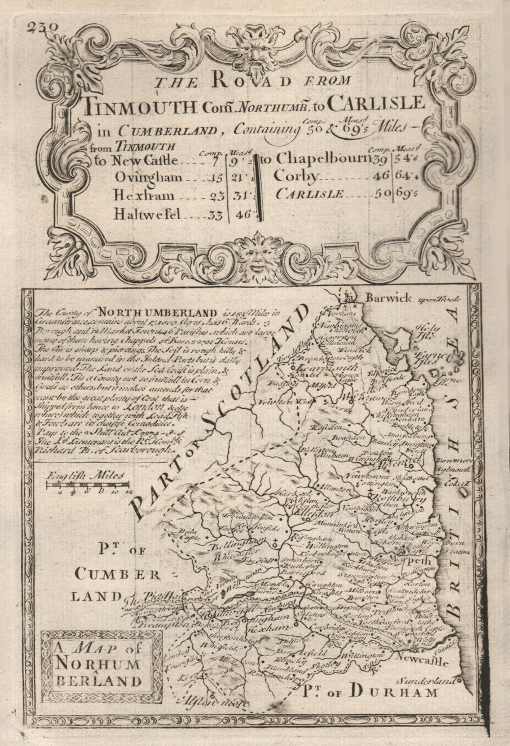 'A Map of Northumberland'. County map by J. OWEN & E. BOWEN 1753 old