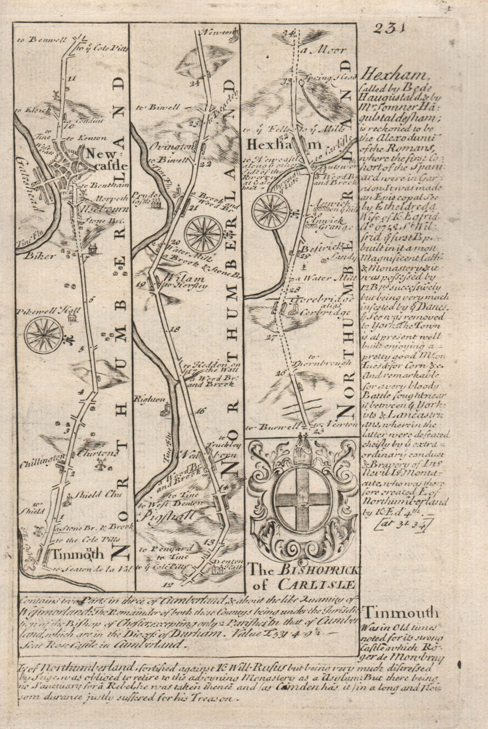Tynemouth-Newcastle upon Tyne-Ovington-Hexham road map by OWEN & BOWEN 1753
