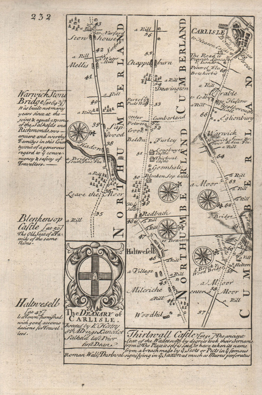 Haydon Bridge-Haltwhistle-Warwick Bridge-Carlisle road map by OWEN & BOWEN 1753