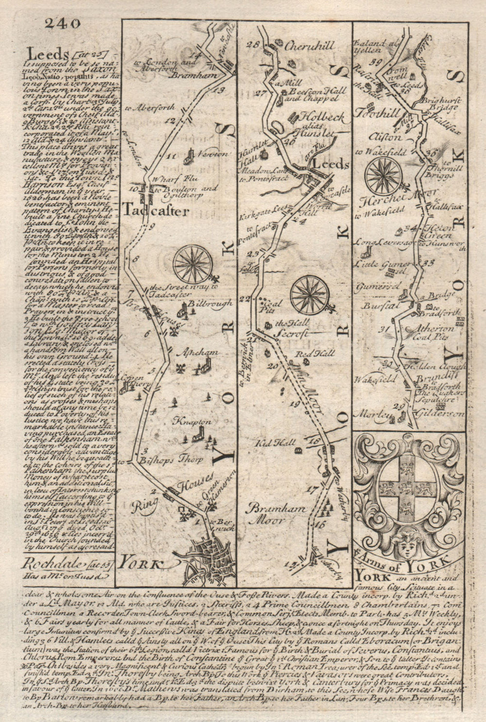 York-Tadcaster-Leeds road strip map by J. OWEN & E. BOWEN 1753 old antique