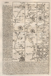 York-Tadcaster-Leeds road strip map by J. OWEN & E. BOWEN 1753 old antique