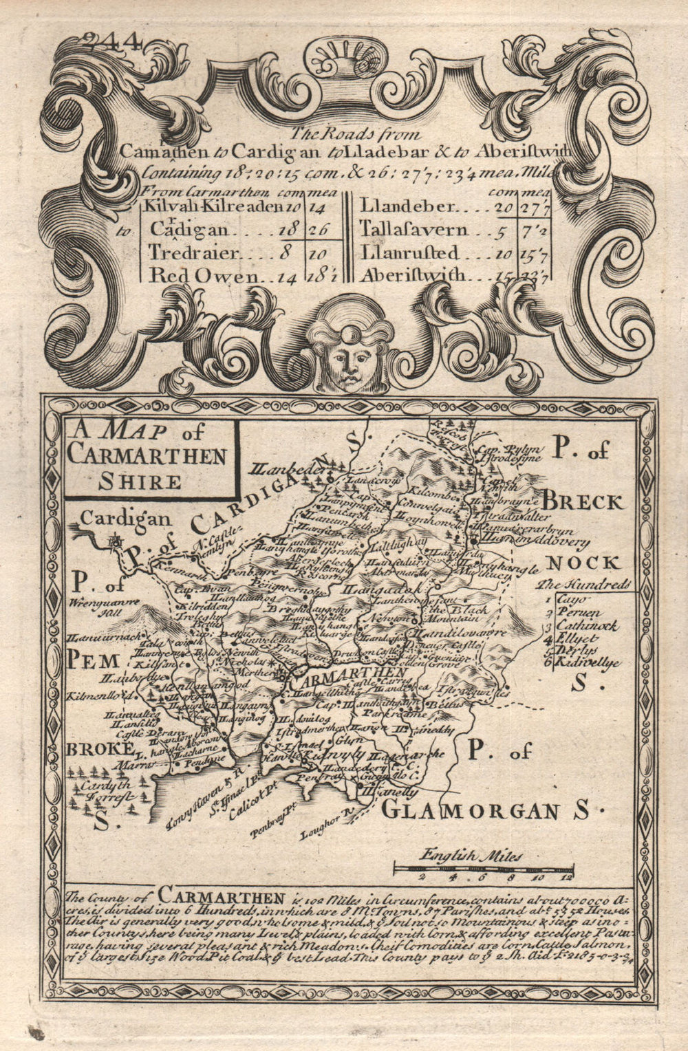 'A Map of Carmarthen Shire'. County map by OWEN & BOWEN. Carmarthenshire 1753