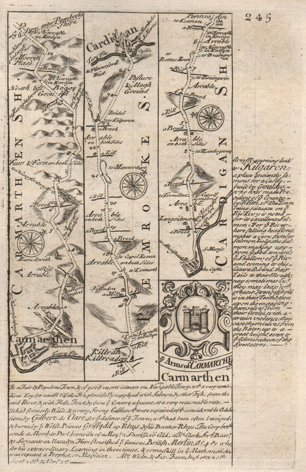 Carmarthen-Cilrhedyn-Cardigan road strip map by J. OWEN & E. BOWEN 1753