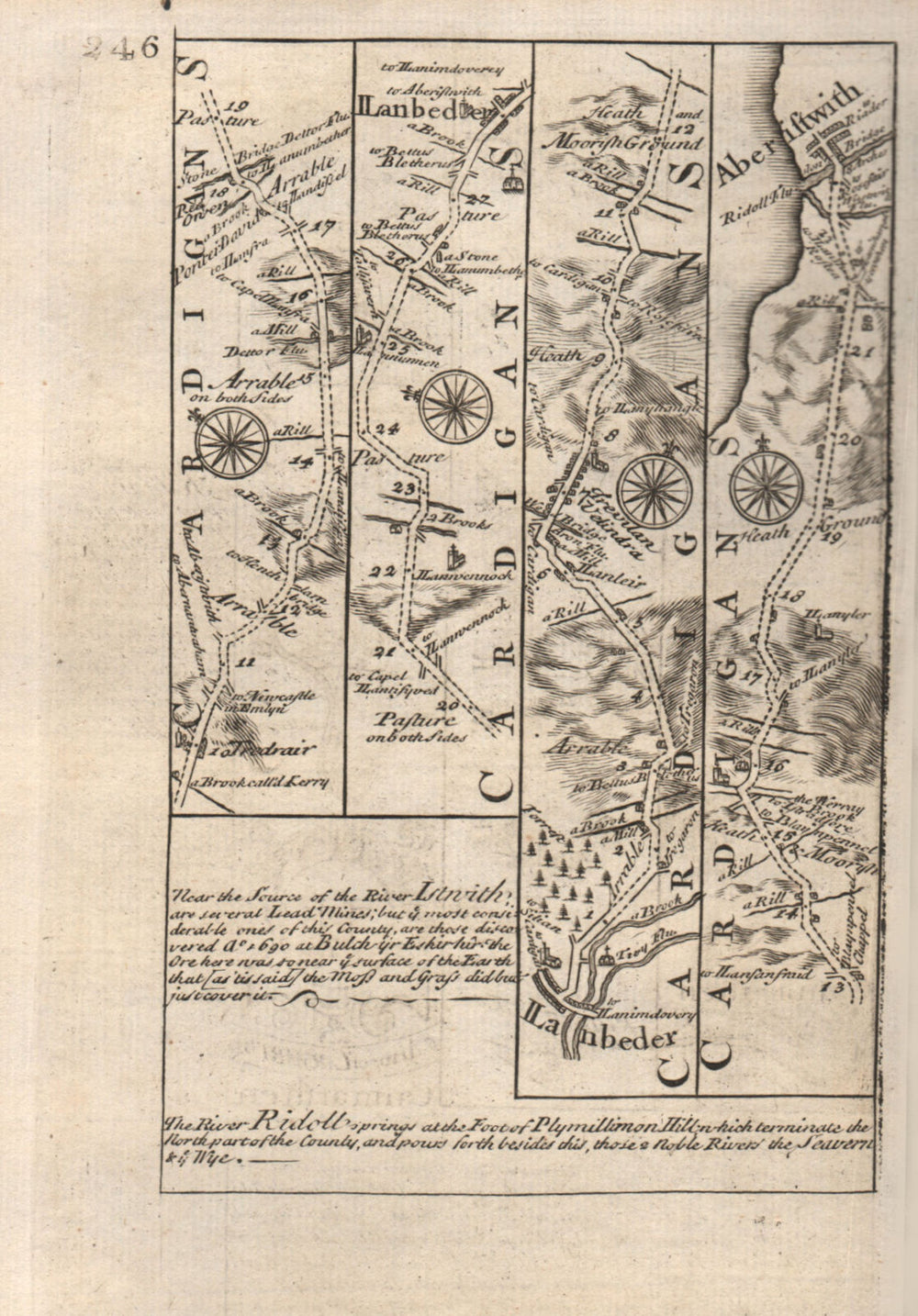 Lampeter-Aberystwyth road strip map by J. OWEN & E. BOWEN 1753 old antique