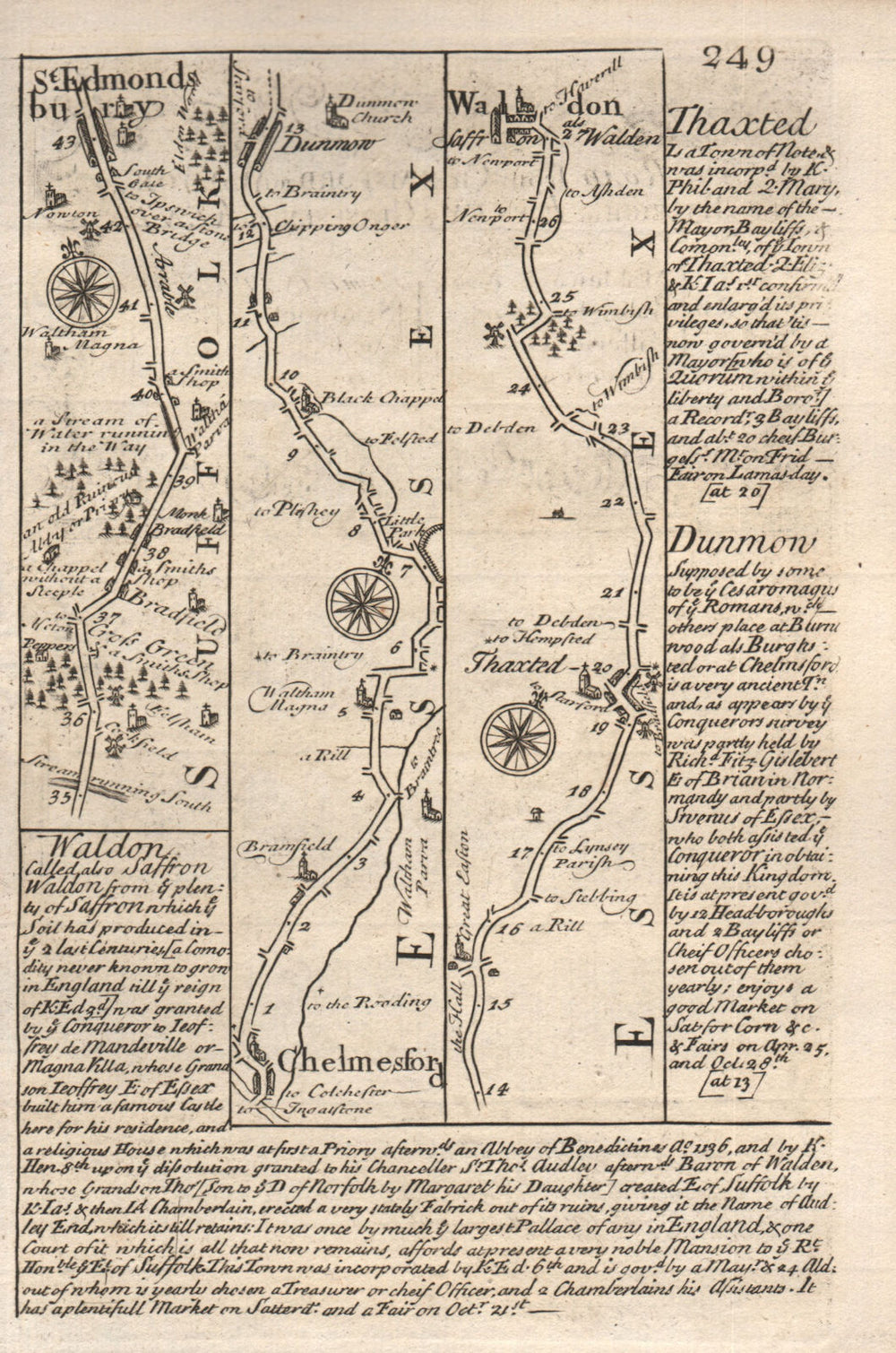 Bury St Edmunds-Chelmsford-Thaxted-Saffron Walden road map by OWEN & BOWEN 1753