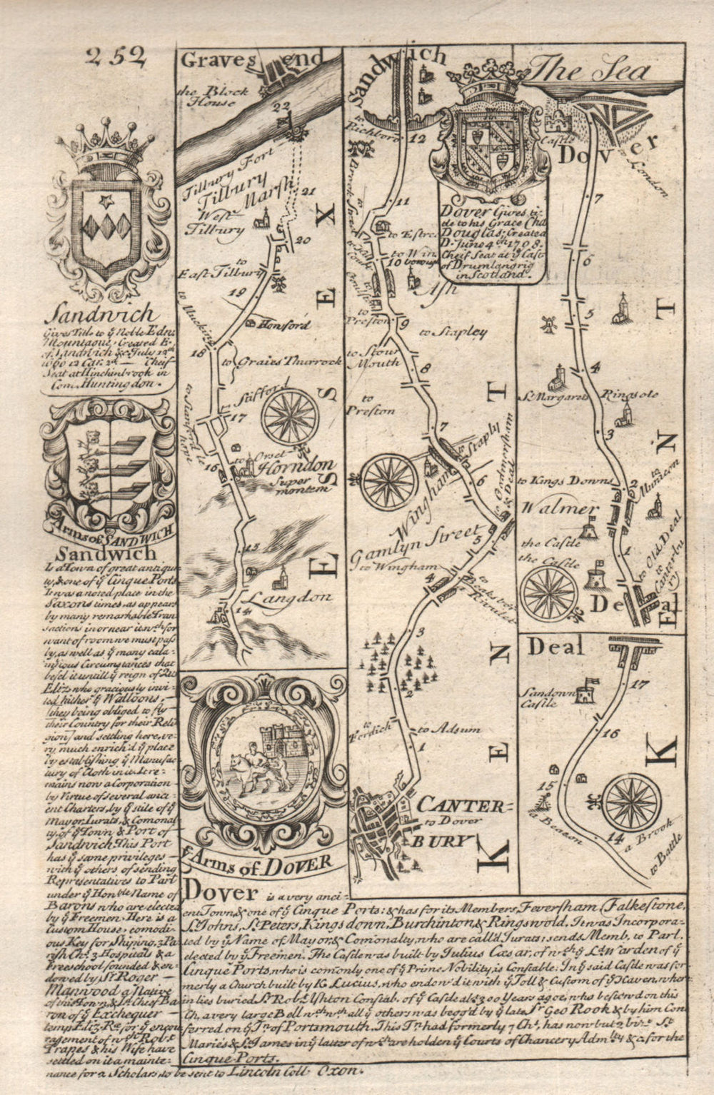 Gravesend-Canterbury-Wingham-Sandwich-Deal-Dover road map by OWEN & BOWEN 1753