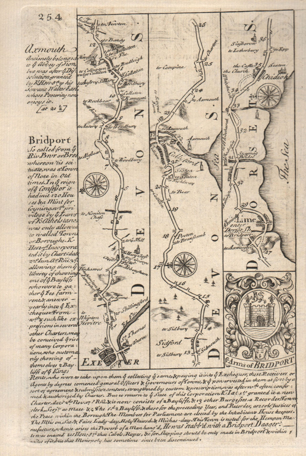 Exeter-Sidford-Colyford-Lyme Regis-Chideock road map by OWEN & BOWEN 1753