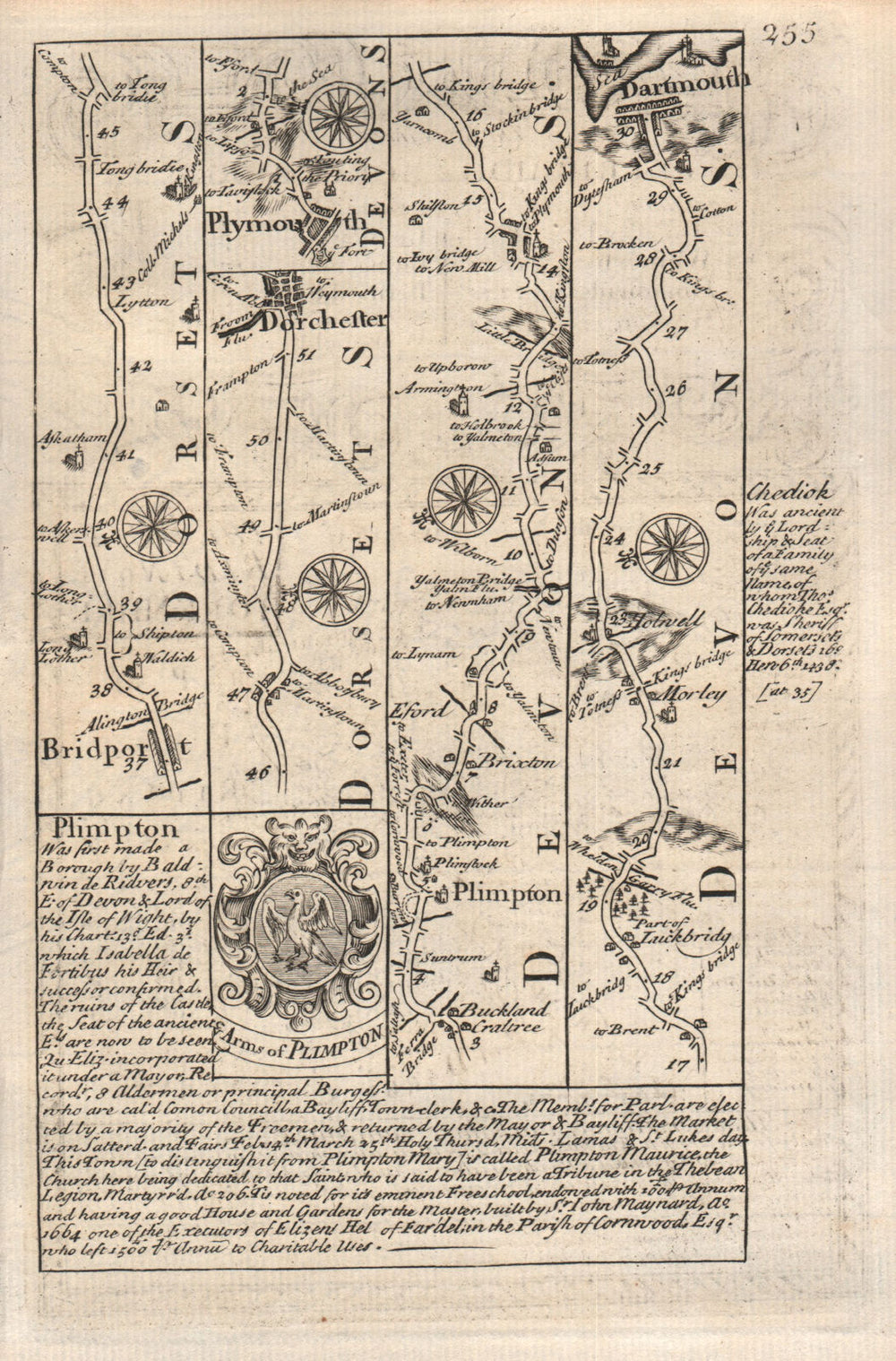 Bridport-Dorchester-Plymouth-Dartmouth road map by J. OWEN & E. BOWEN 1753