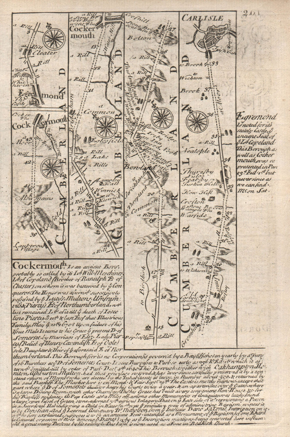 Egremont-Cockermouth-Carlisle road strip map by J. OWEN & E. BOWEN 1753