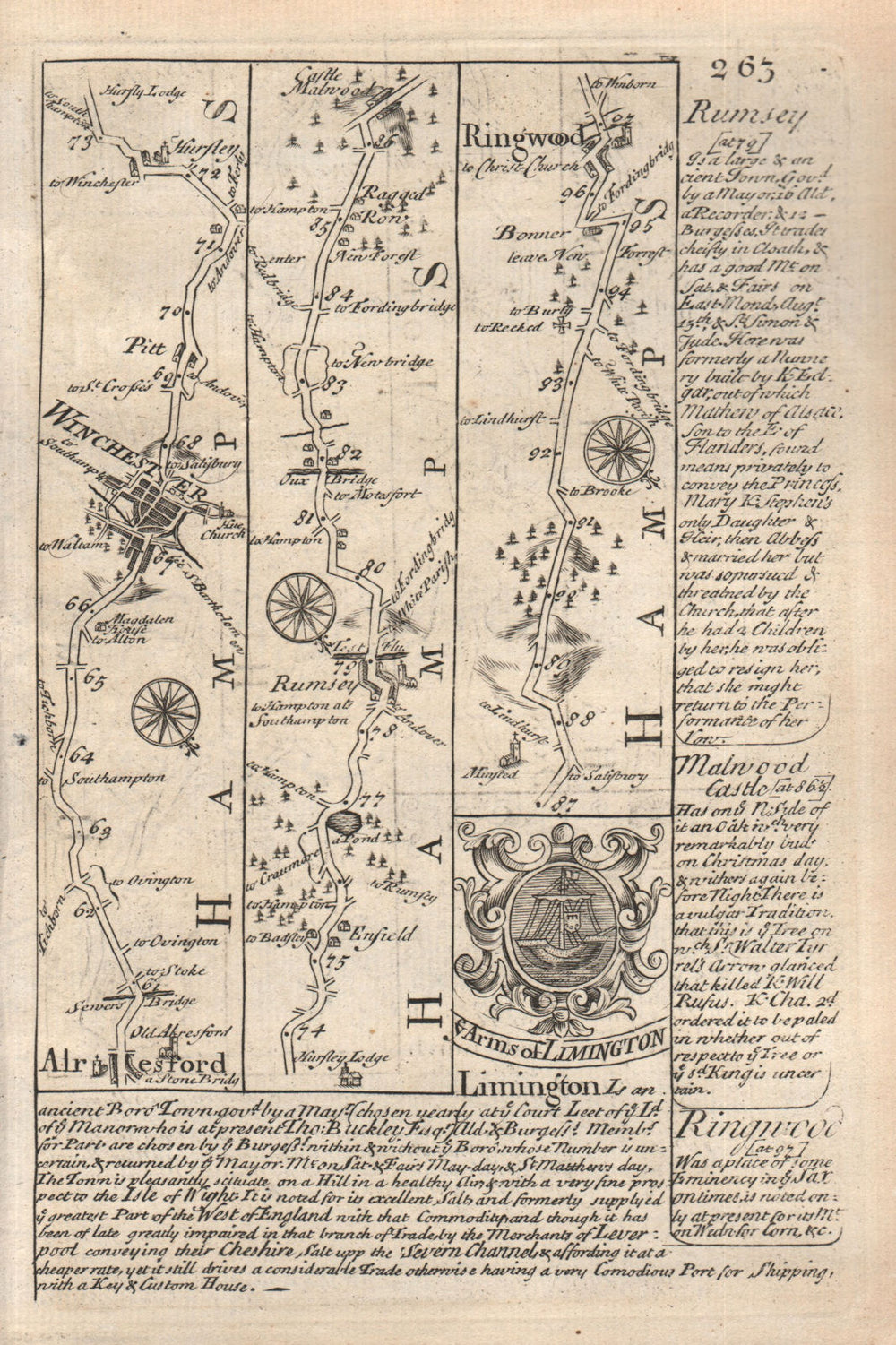 Alresford-Winchester-Hursley-Romsey-Ringwood road map by OWEN & BOWEN 1753