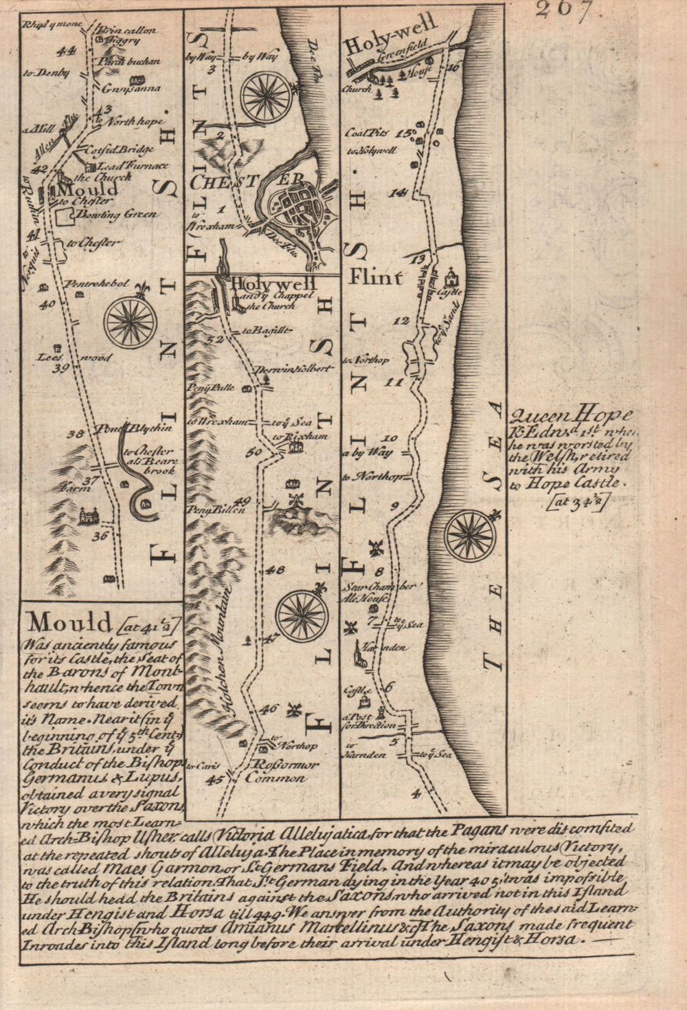 Mold-Holywell-Chester-Flint-Holywell road strip map by J. OWEN & E. BOWEN 1753