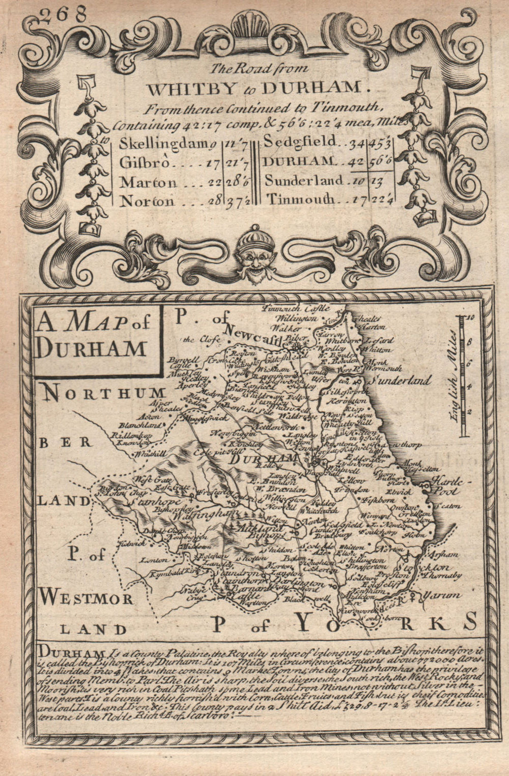 'A Map of Durham'. County map by J. OWEN & E. BOWEN 1753 old antique chart