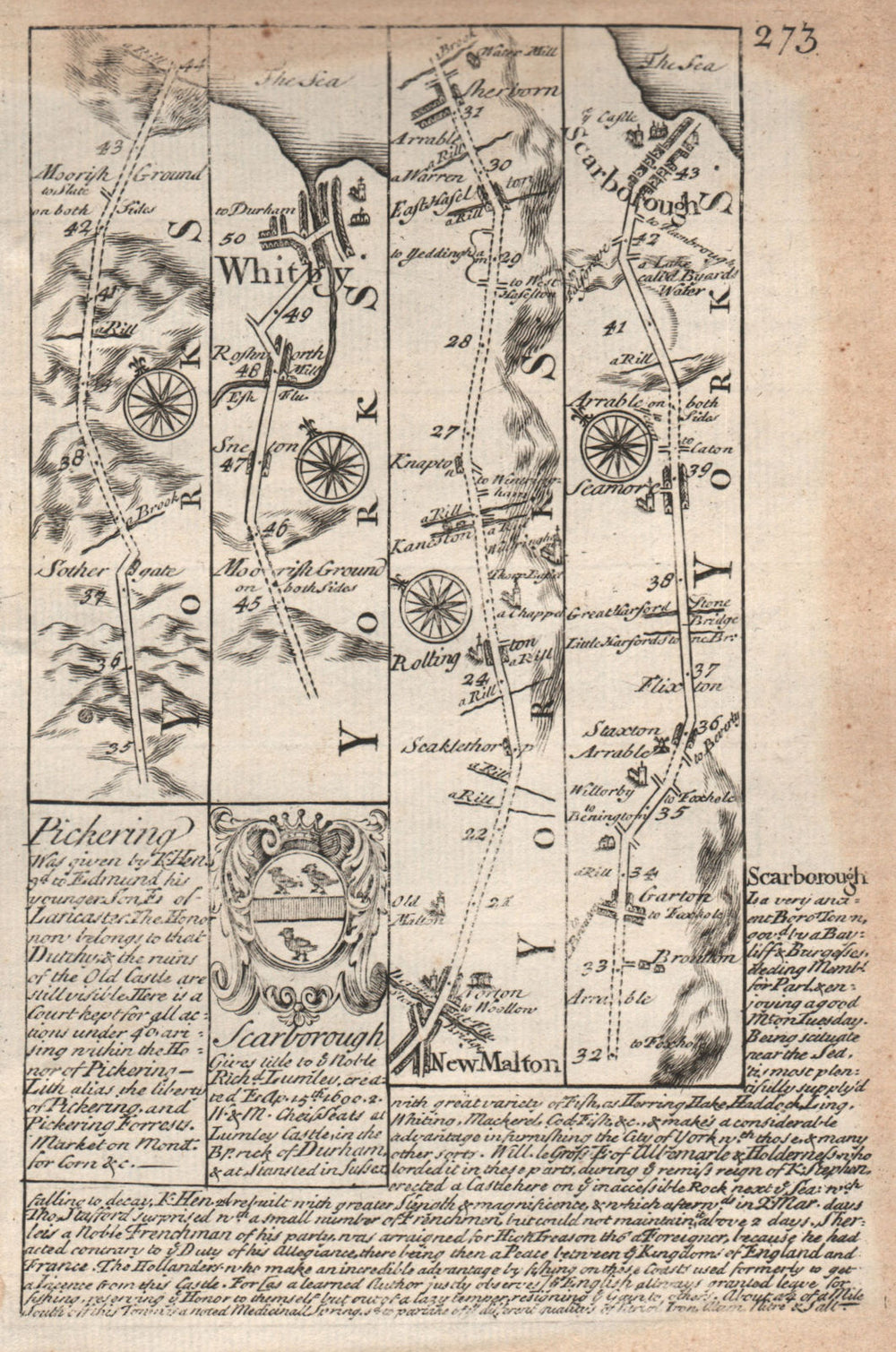 Whitby-Malton-Seamer-Scarborough road strip map by J. OWEN & E. BOWEN 1753