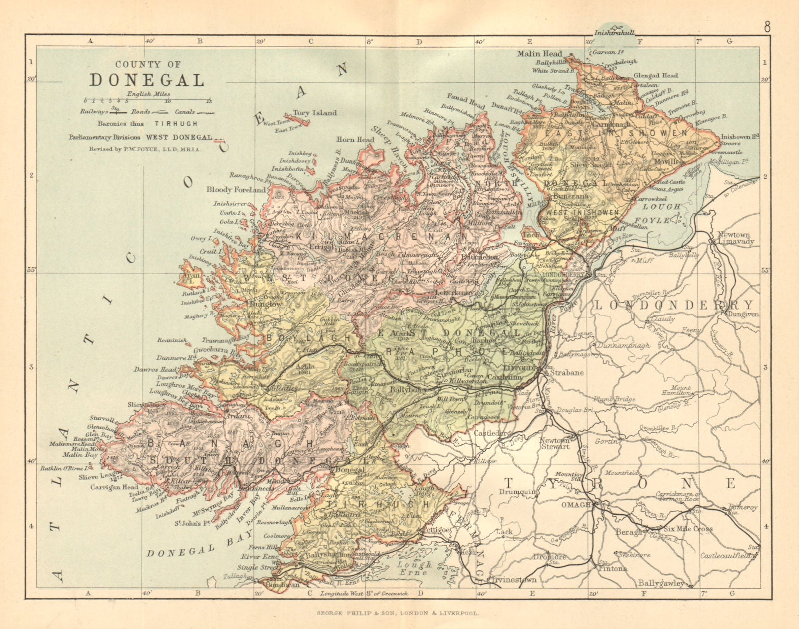 COUNTY DONEGAL. Antique county map. Ulster. Ireland. BARTHOLOMEW c1902 ...