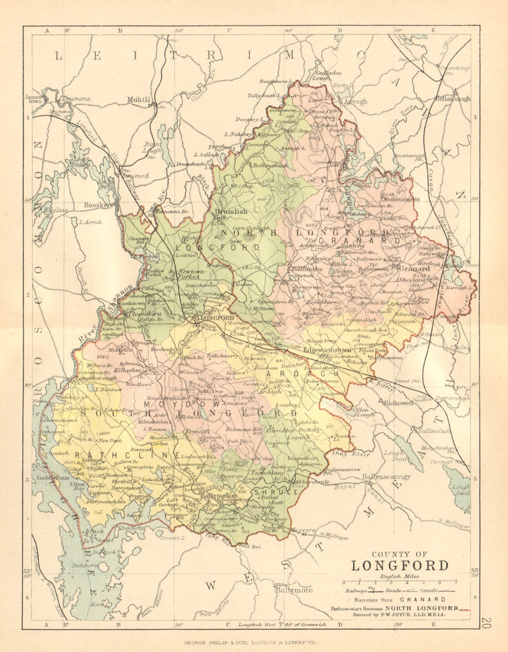 COUNTY LONGFORD. Antique county map. Leinster. Ireland. BARTHOLOMEW c1902