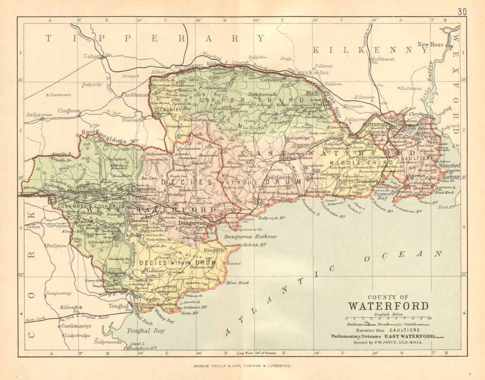 COUNTY WATERFORD. Antique county map. Munster. Ireland. BARTHOLOMEW c1902