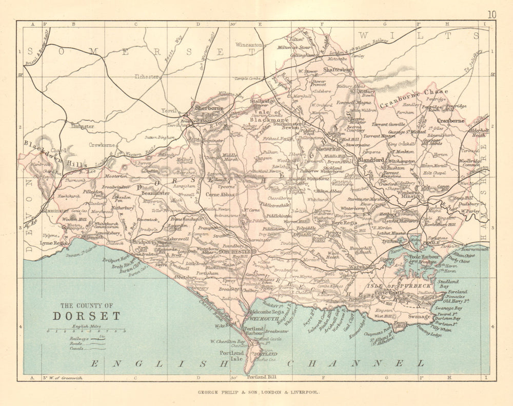 DORSET. Antique county map. Railways roads canals. PHILIP 1884 old