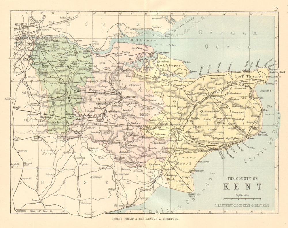 Kent Postcode Mapy KENT. Antique county map. Railways roads. Constituencies. PHILIP 1884 ...