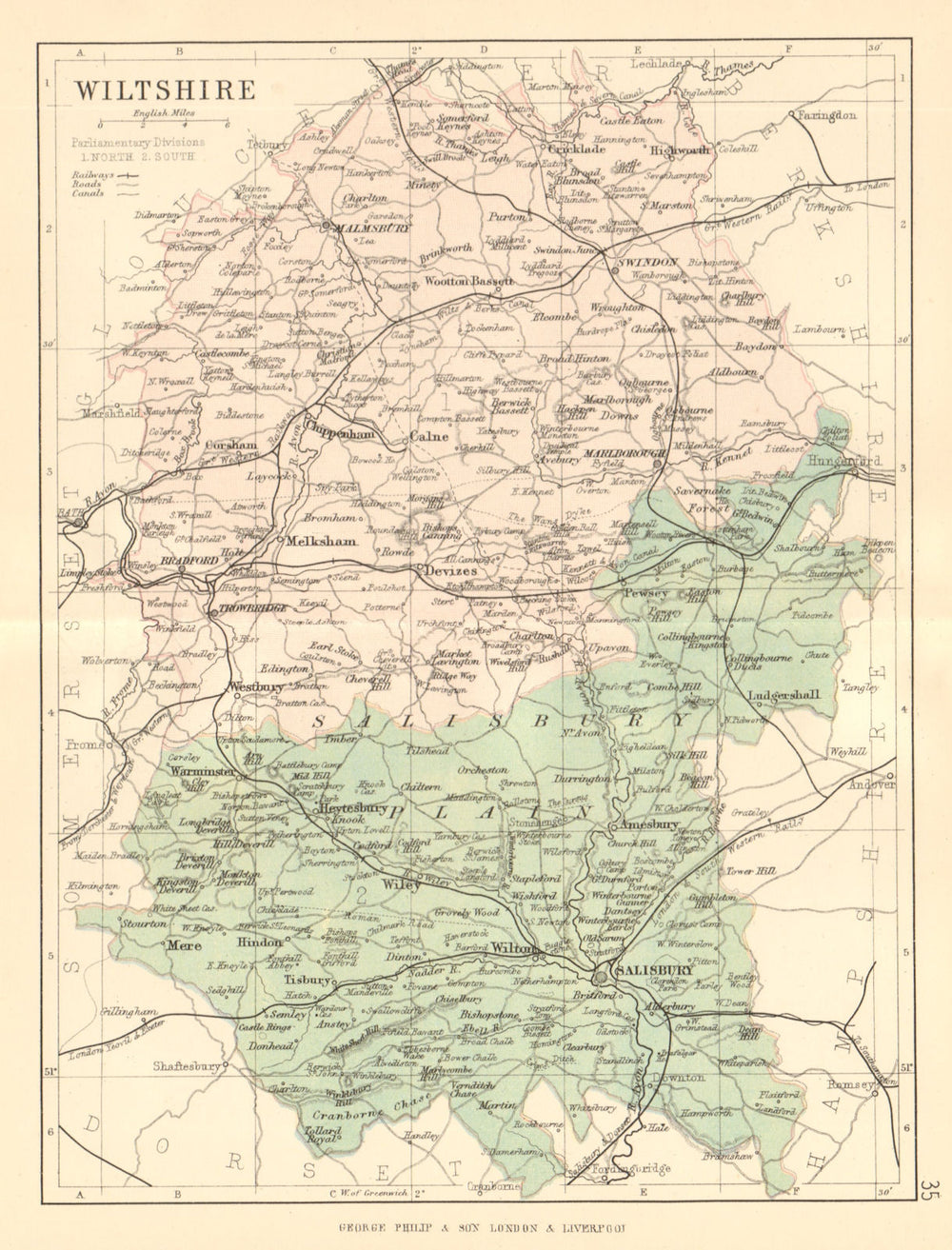 WILTSHIRE. Antique county map. Railways roads canals constituencies. PHILIP 1884