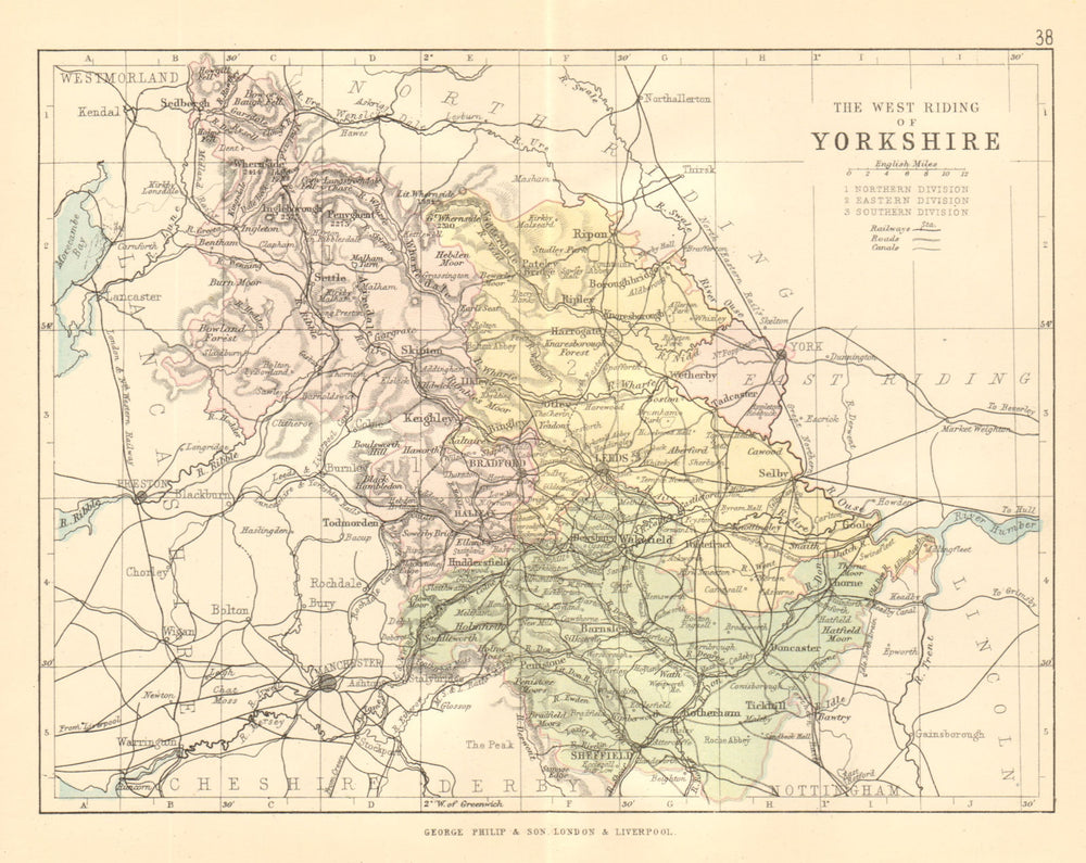YORKSHIRE WEST RIDING. County map. Railways canals. Constituencies. PHILIP 1884