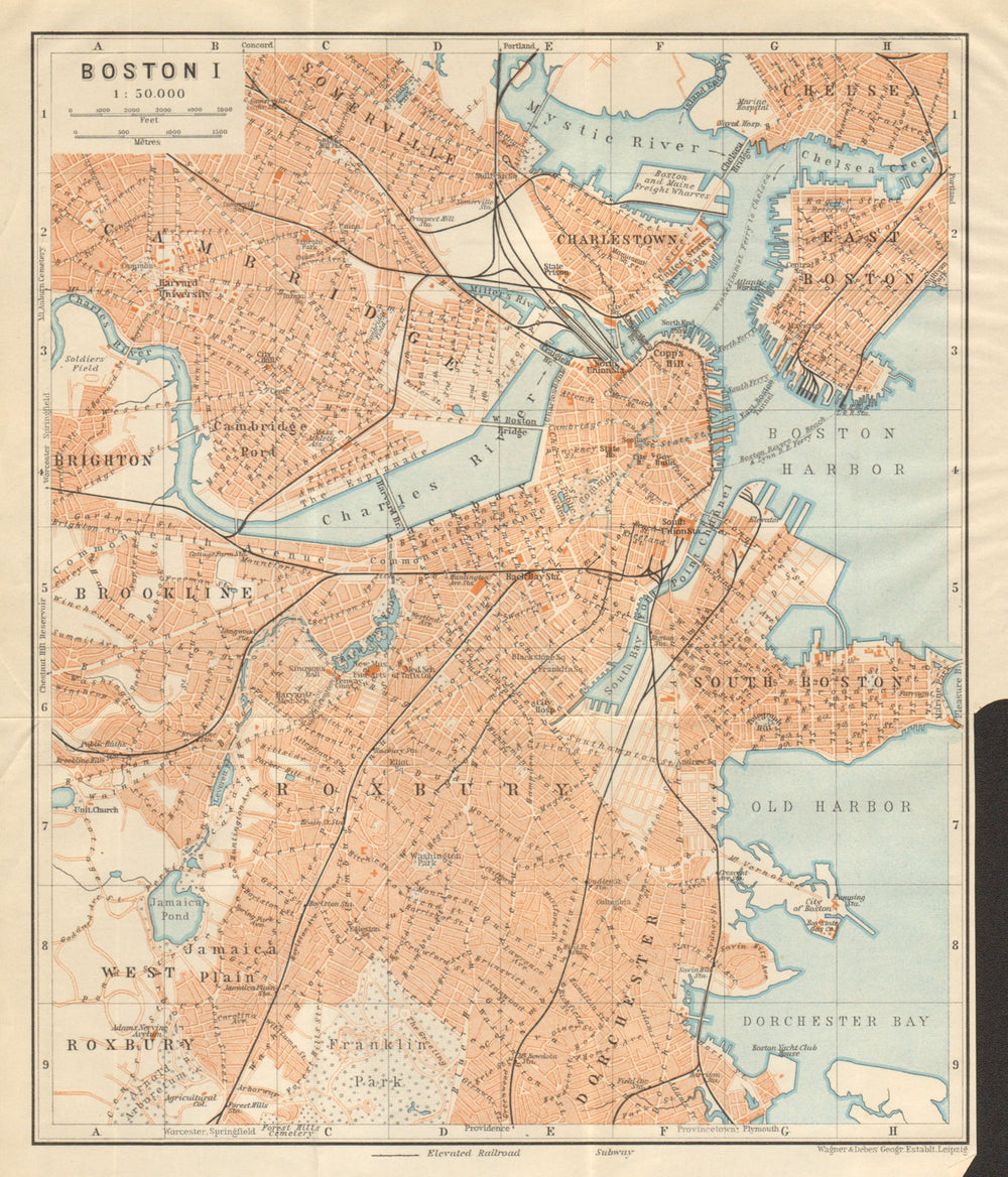 BOSTON town city plan. Cambridge Brookline Roxbury Massachusetts 1904 old map