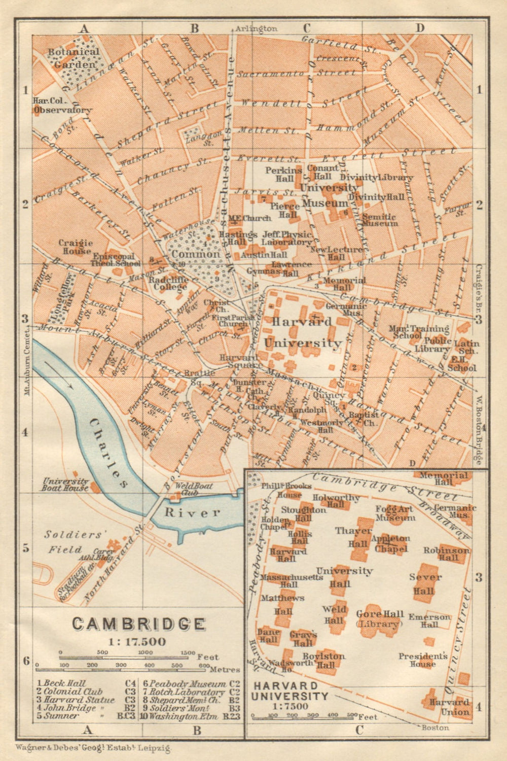 CAMBRIDGE, Massachusetts town city plan. Inset Harvard University 1904 old map