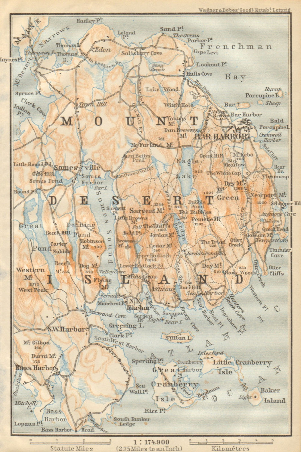 MOUNT DESERT ISLAND. Maine. Bar Harbor. BAEDEKER 1904 old antique map chart