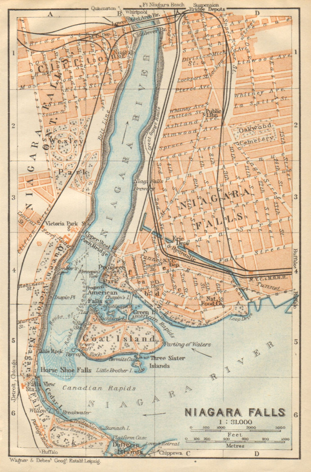 NIAGARA FALLS antique town city plan. New York State. BAEDEKER 1904 old map