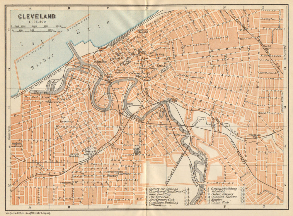 CLEVELAND antique town city plan. Ohio. BAEDEKER 1904 old map chart