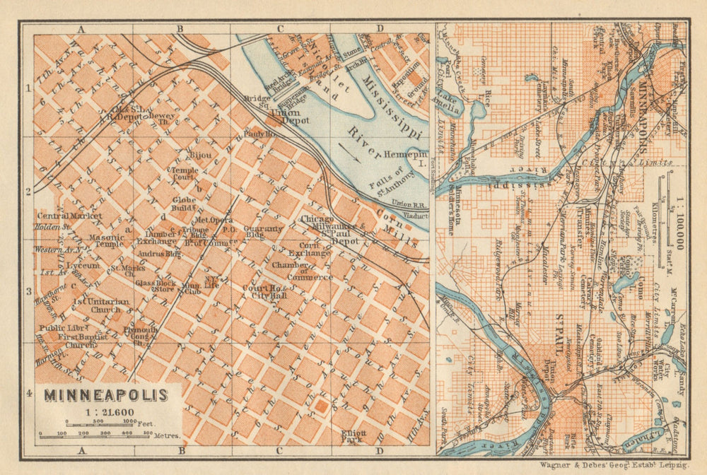 MINNEAPOLIS ST. PAUL antique town city plan. Minnesota. BAEDEKER 1904 old map