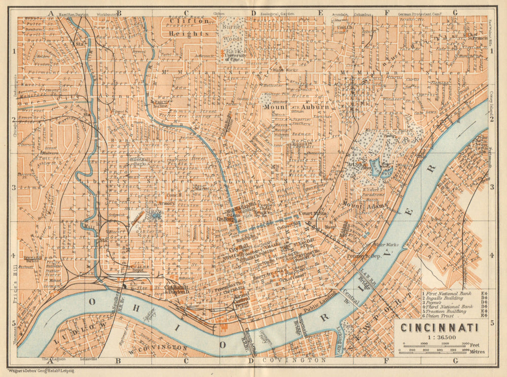 CINCINNATI antique town city plan. Ohio. BAEDEKER 1904 old map chart