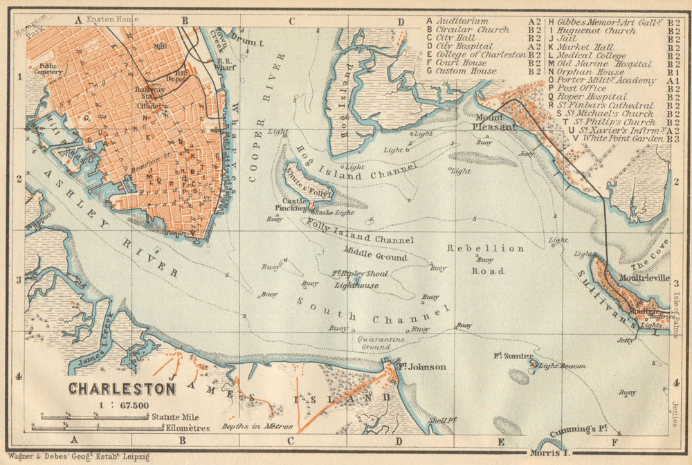 CHARLESTON antique town city & harbor plan. South Carolina. BAEDEKER 1904 map
