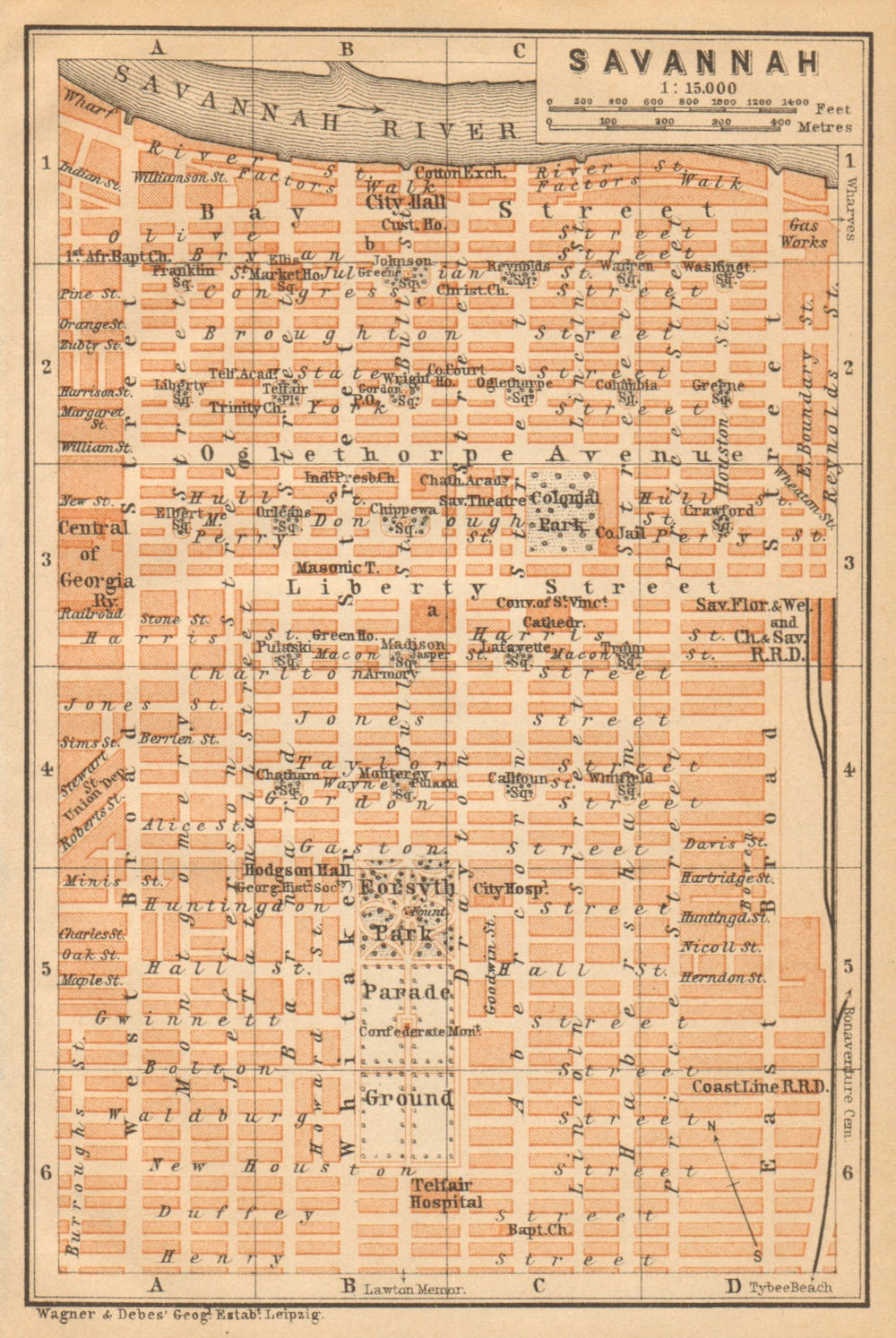 SAVANNAH antique town city plan. Georgia, US. BAEDEKER 1904 old map
