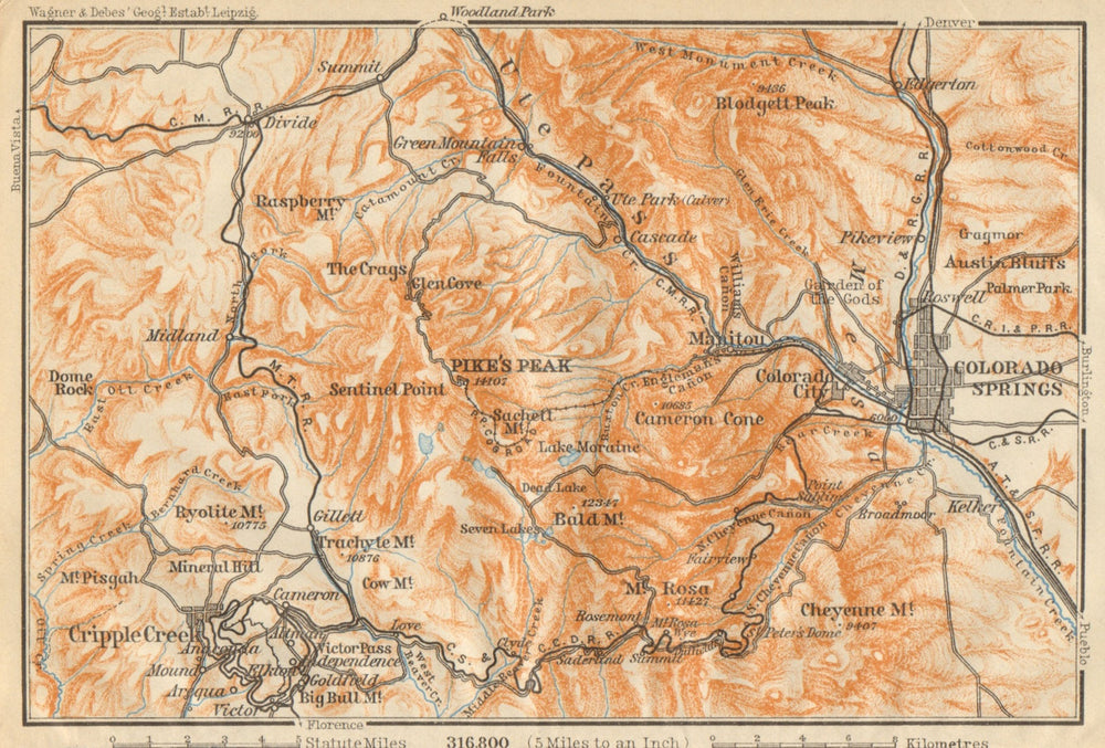 COLORADO SPRINGS environs. Pike's Peak Cripple Creek. BAEDEKER 1904 old map