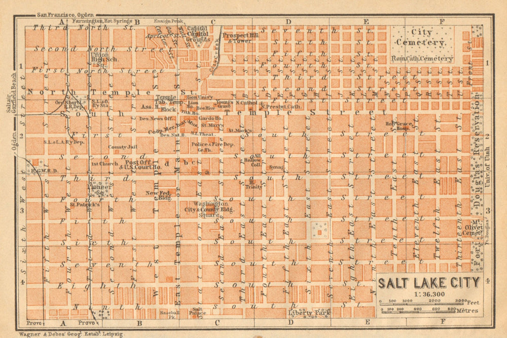 SALT LAKE CITY antique town city plan. Utah. BAEDEKER 1904 old map