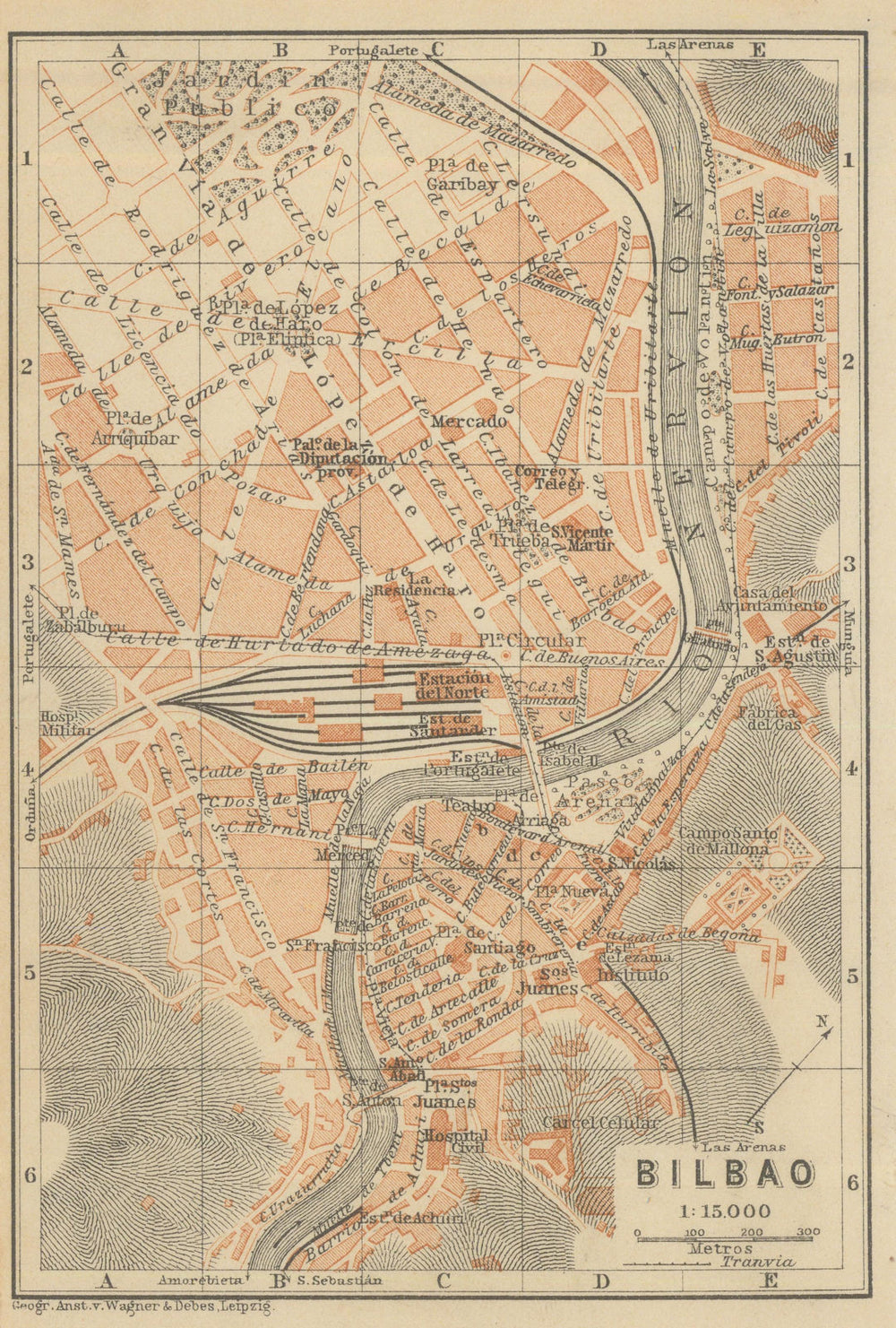 BILBAO antique town city ciudad plan. Spain España mapa. BAEDEKER 1908 old