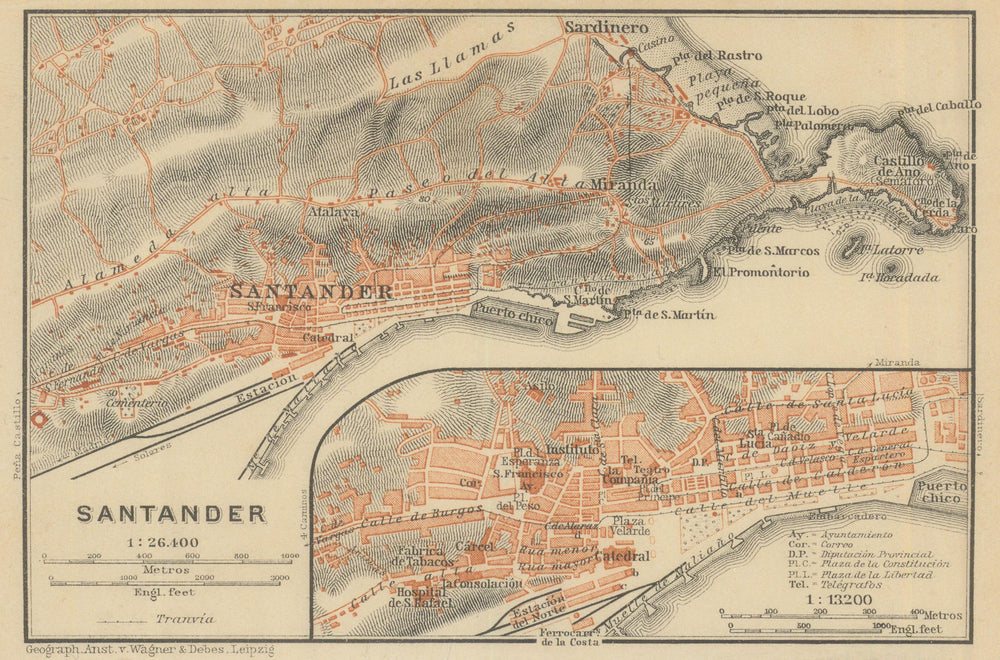 SANTANDER antique town city ciudad plan & environs. Spain España mapa 1908
