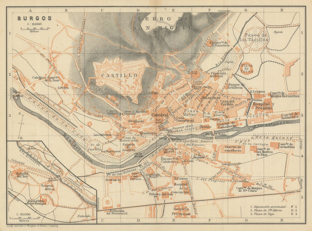 BURGOS antique town city ciudad plan. Spain España mapa. BAEDEKER 1908 old