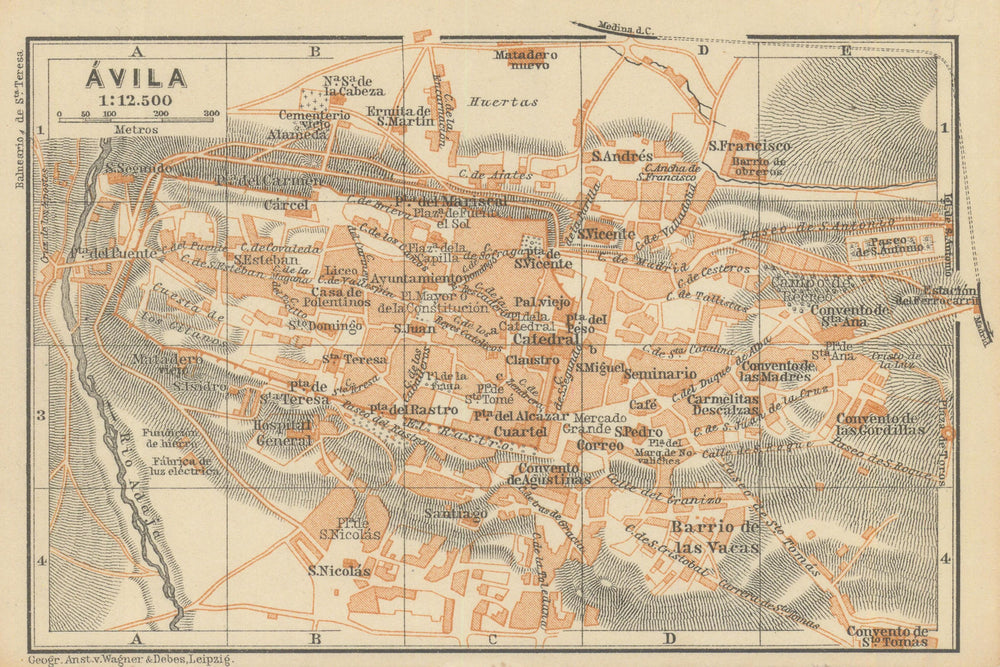 AVILA ÁVILA antique town city ciudad plan. Spain España mapa. BAEDEKER 1908