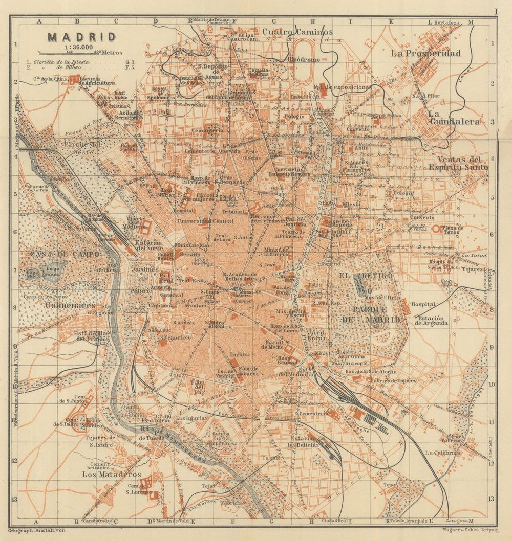 MADRID antique town city ciudad plan. Spain España mapa. BAEDEKER 1908 old