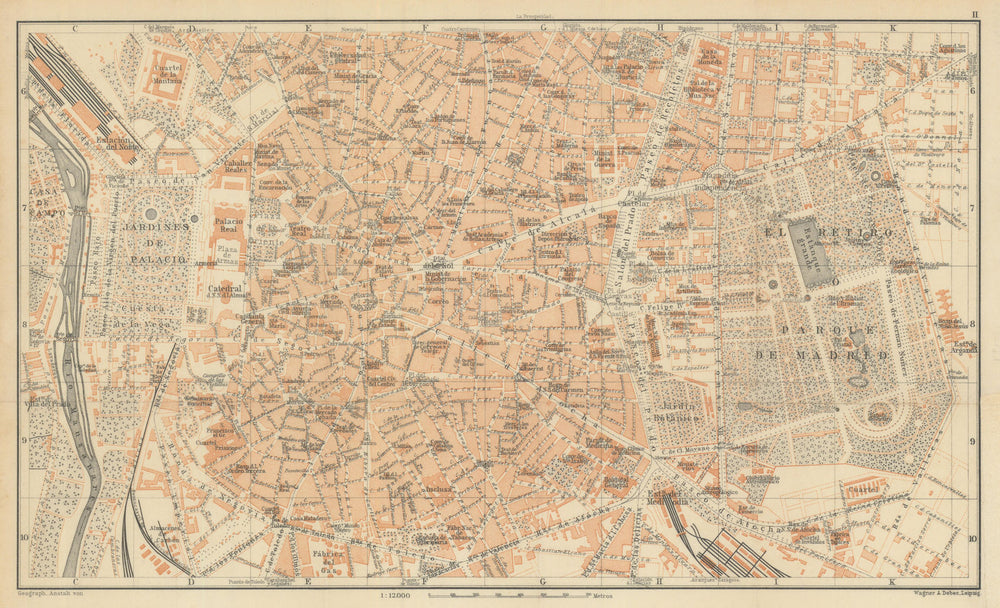 MADRID, INNER TOWN antique town city ciudad plan. Spain España mapa 1908