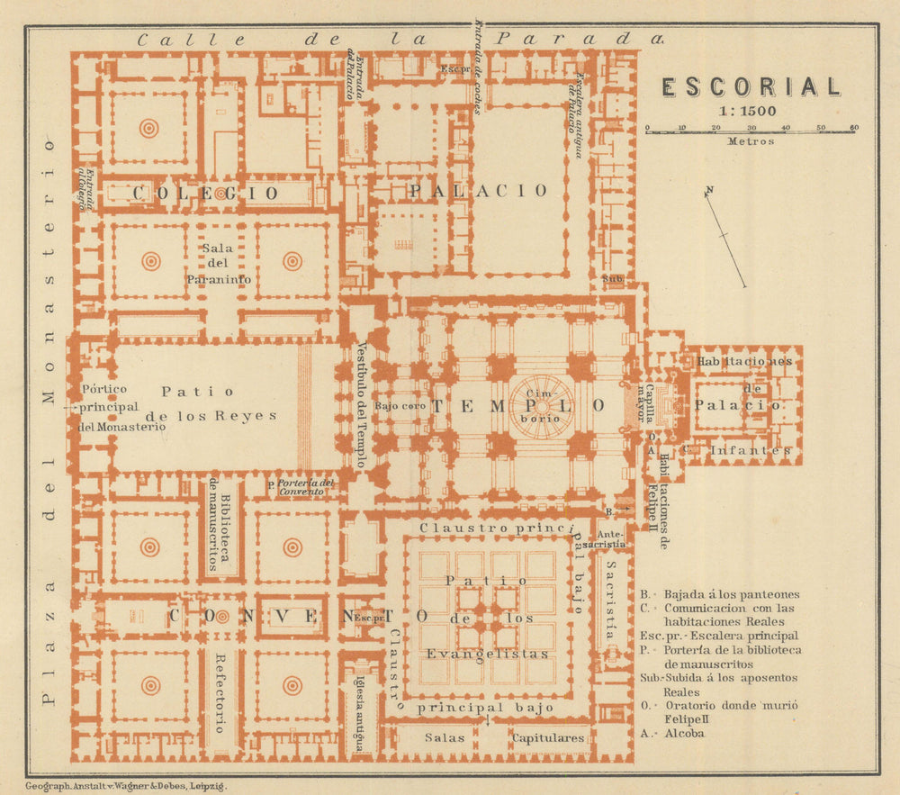 EL ESCORIAL floor plan. Spain España mapa. BAEDEKER 1908 old antique chart