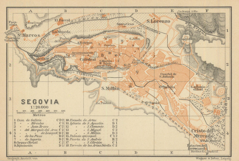 SEGOVIA antique town city ciudad plan. Spain España mapa. BAEDEKER 1908