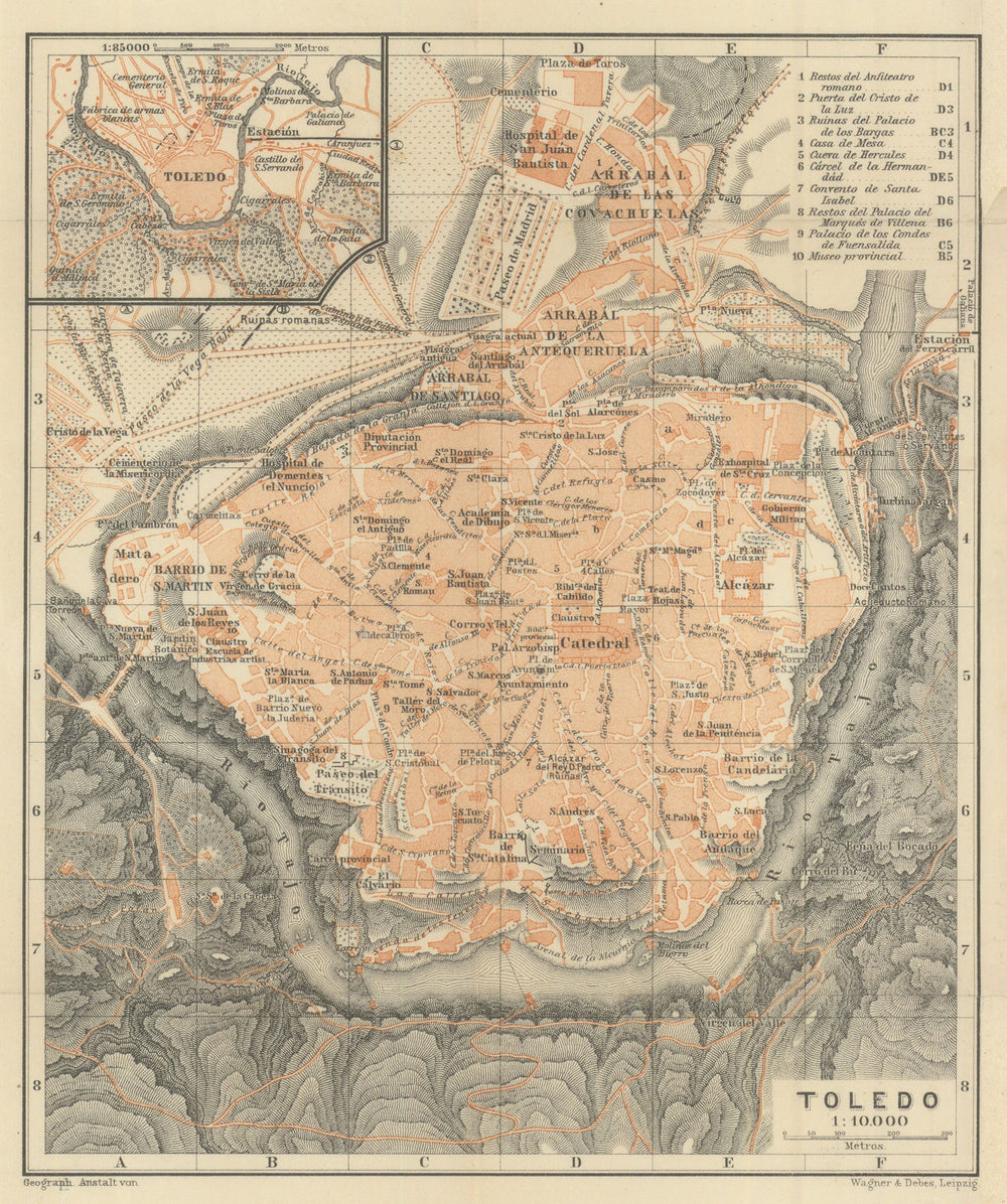 TOLEDO antique town city ciudad plan. Spain España mapa. BAEDEKER 1908 old